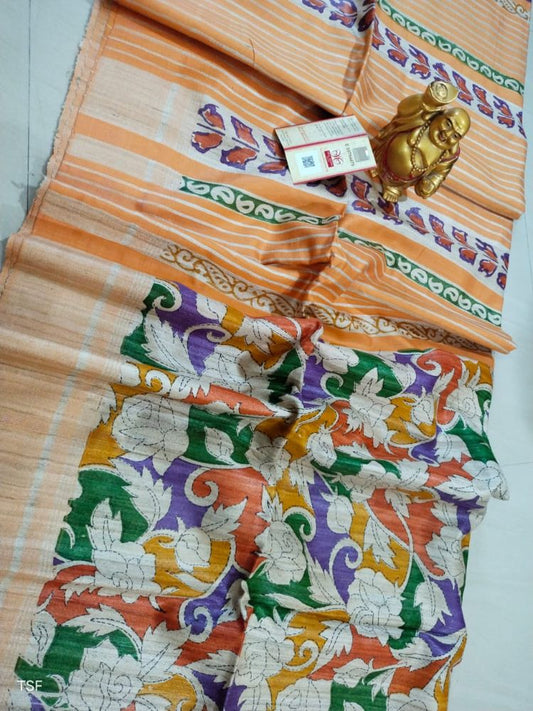 Silkmark Certified Tussar Silk Handloom Handblock Printed Multicolor Saree with Blouse-Indiehaat