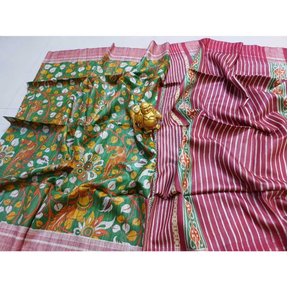 Silkmark Certified Tussar Silk Handloom Handblock Printed Green and Maroon Saree with Blouse-Indiehaat