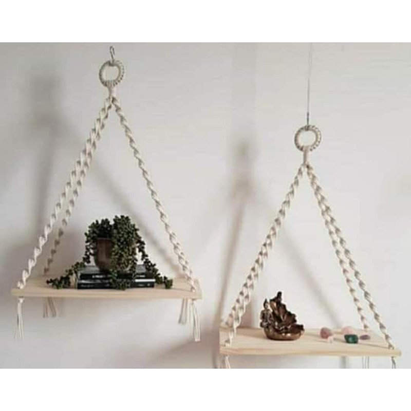 Macrame White Plant Hanger With Wooden Board (Set of 2)-Indiehaat