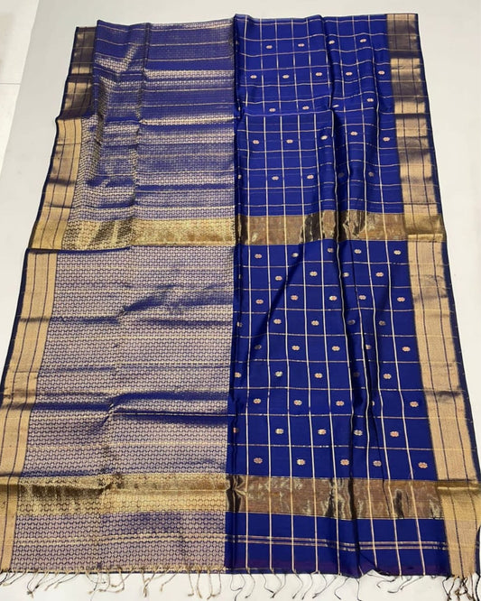 Maheshwari Handloom Pure Tissue Silk Saree Dark Blue Color with running blouse - IndieHaat