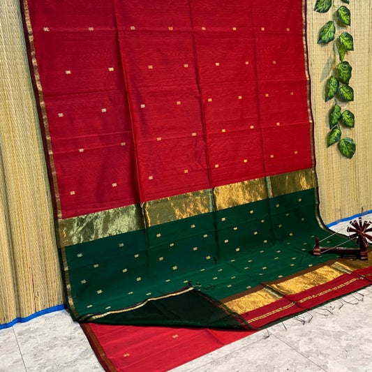 Maheshwari Silk Saree Butta Body Red Color with golden zari weaving border and running blouse (Butta Design) - IndieHaat