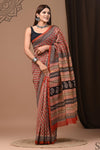 Pure Chanderi Silk  Red  Saree Handblock Printed with running blouse