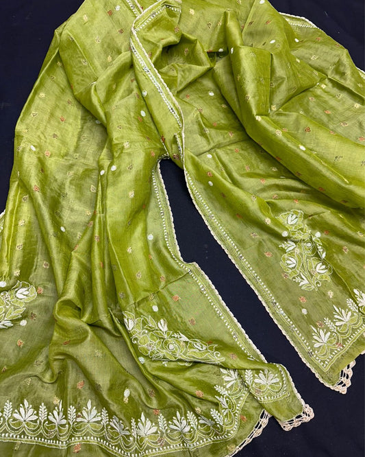Pure Tussar Silk Dupatta Olive Green Color Chikankari and Crochet work - IndieHaat