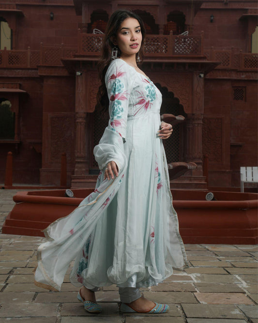 Organza Stitched Suit Grey Color Hand painted - IndieHaat