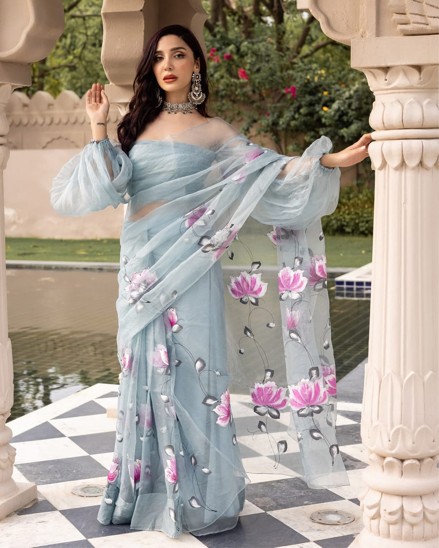 Organza Silk Saree Lavendar Grey Color Hand Painted with running blouse - IndieHaat