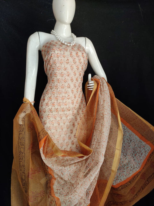 Kota Doria Brown Suit Material Handblock Printed with Zari Border Dupatta-Indiehaat