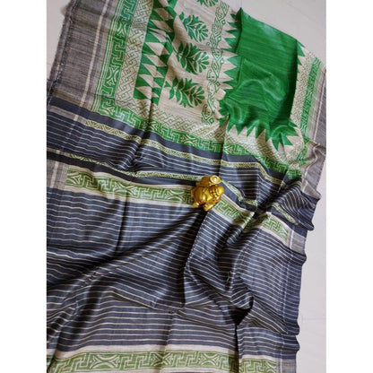 Silkmark Certified Tussar Silk Handloom Handblock Printed Green and Blue Saree with Blouse-Indiehaat