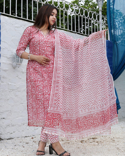 Kota Doria Suits (Top+Bottom+Dupatta) Red Color Handblock print with Stitch embroidery work - IndieHaat