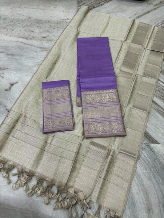 Mangalagiri Lehanga Sets Pale Silver & Dark Lavender Color 300 K Kanchi Border (Lehanga+Blouse+Dupatta) - IndieHaat