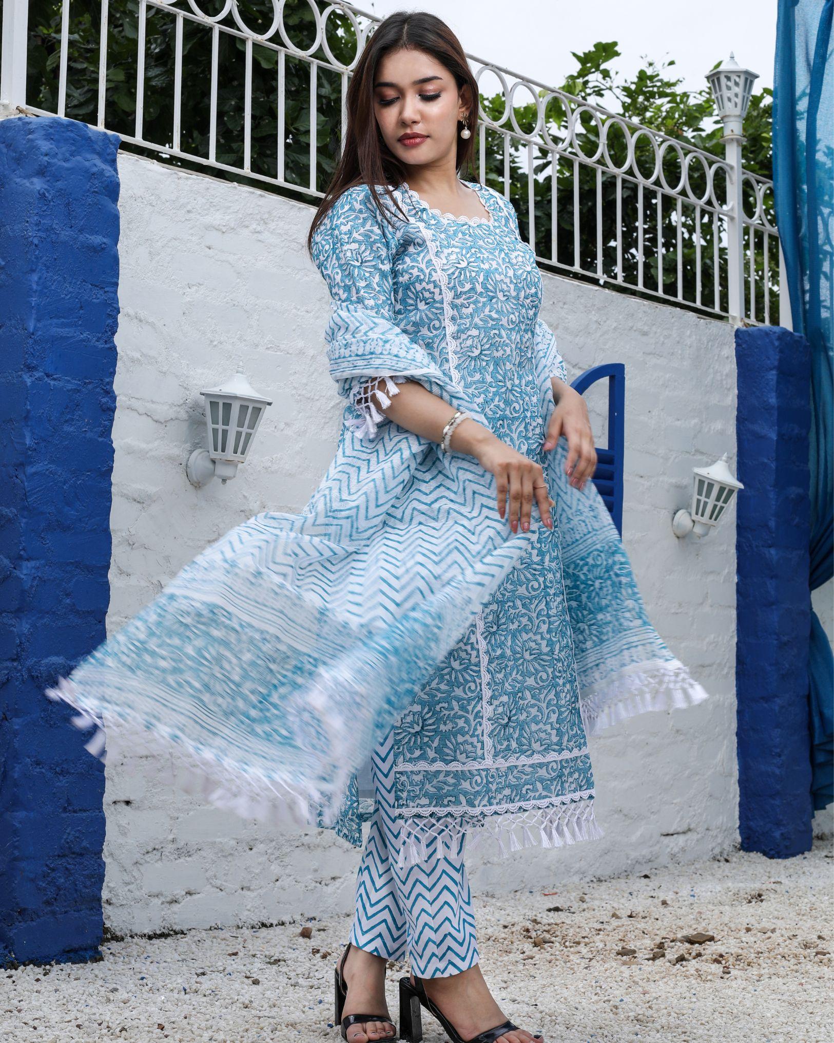 Kota Doria Suits (Top+Bottom+Dupatta) Sky Blue Color Handblock print with Stitch embroidery work - IndieHaat