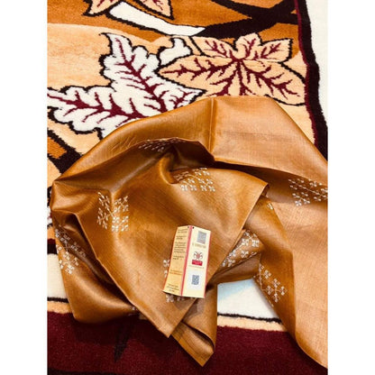 Silkmark Certifiied Pure Tussar Silk Embroidered Handloom Saree Saddle Brown (Tussar by Tussar) with Blouse-Indiehaat