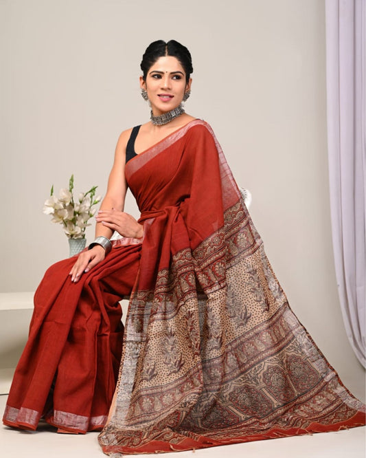 Linen Saree Dark Red Color Handblock Kalamkari Printed with running blouse - IndieHaat