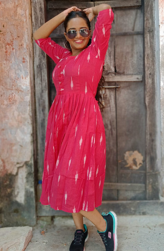 IndieHaat|Pure Cotton Dress Ikkat Design Pink 25% Off