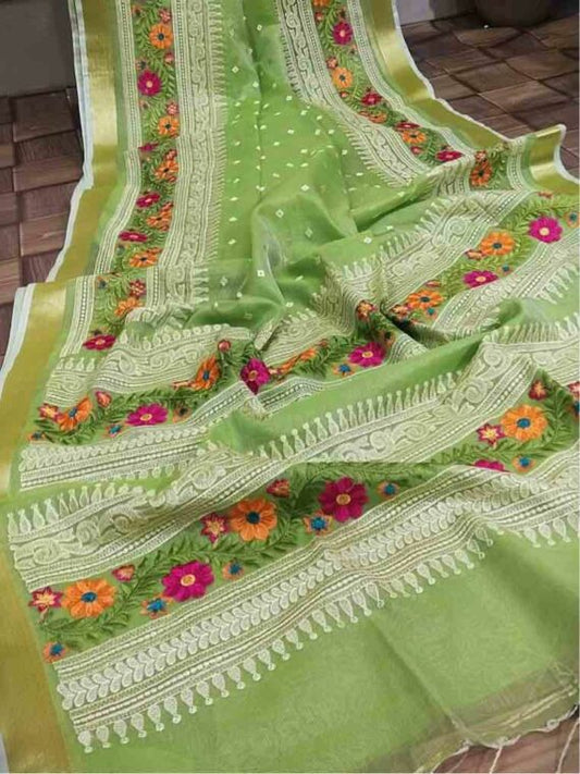 Muslin Silk Saree Embridered Green Color with running blouse - IndieHaat