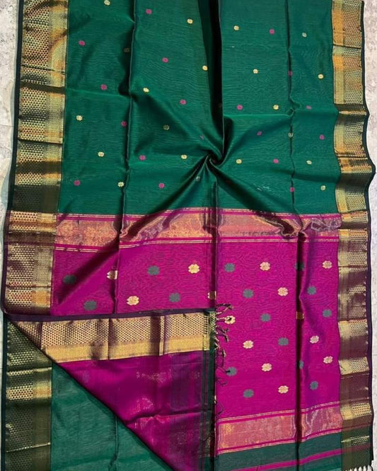 Maheshwari Handloom Handwoven Saree Dark Green Color Double Design Zari Border, flower work Buti pallu and running blouse - IndieHaat
