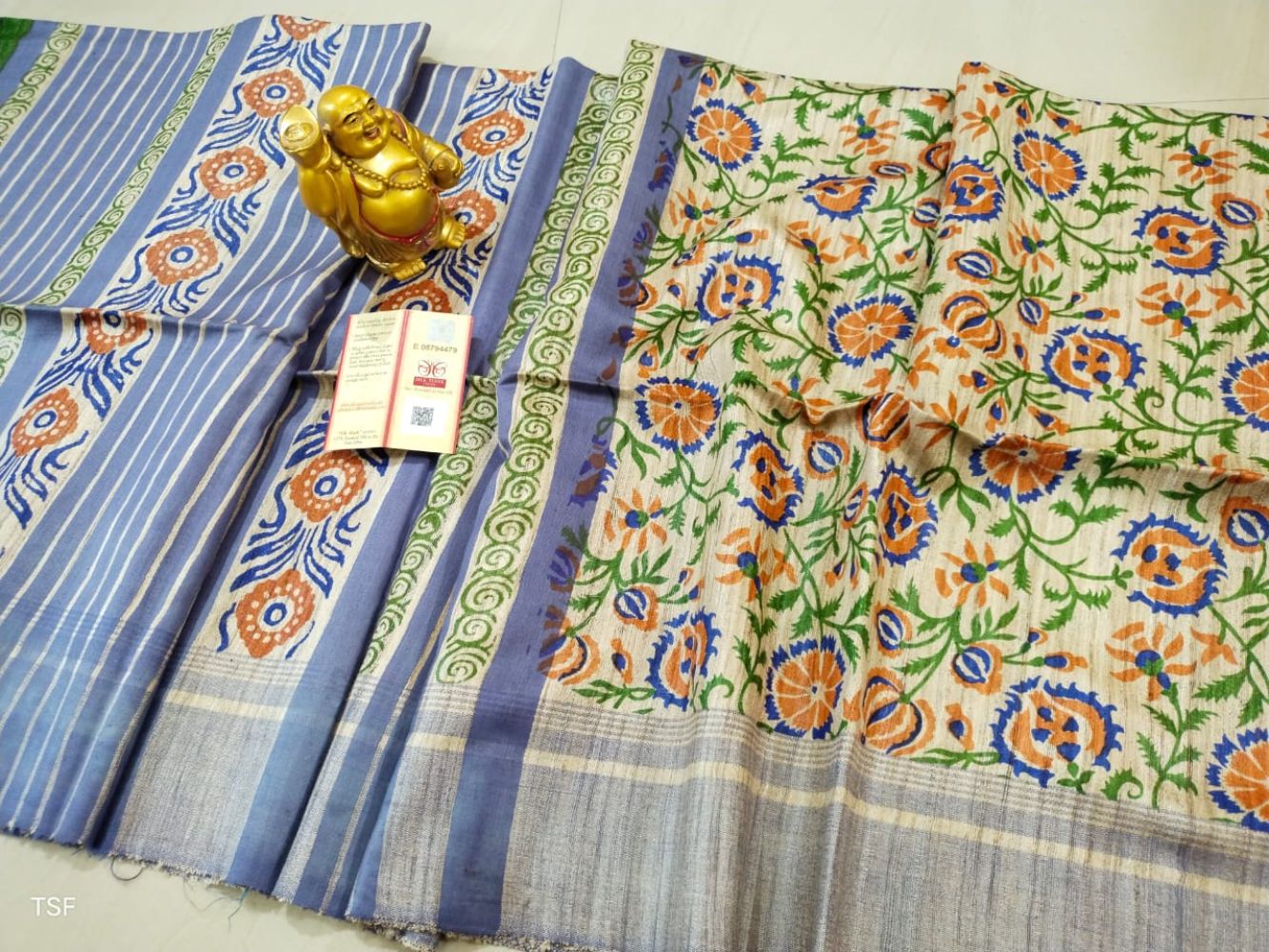 Silkmark Certified Tussar Silk Handloom Handblock Printed Green and Purple  Saree with Blouse-Indiehaat