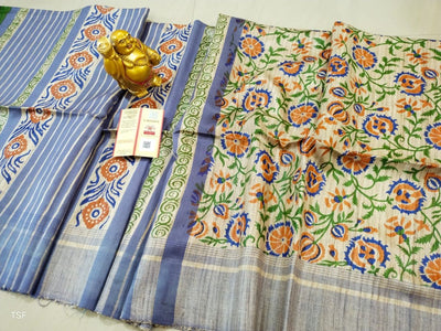 Silkmark Certified Tussar Silk Handloom Handblock Printed Green and PurpleSaree with Blouse-Indiehaat