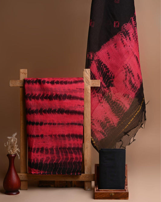 Kota Doria Suit (Top+Bottom+Dupatta) Red Color Handblock printed - IndieHaat