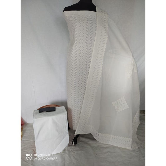 Cotton Applique work White  Suit with Organdy Dupatta-Indiehaat