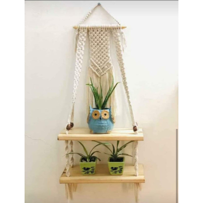 White Plant Hanger With Double Pinewood-Indiehaat