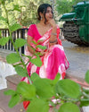 Cotton Linen Saree Pink & Red Color Shibori Hand Dyed with running blouse - IndieHaat