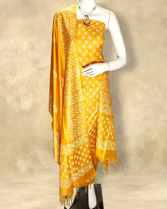 Katan Silk Suits Golden Yellow Color Handblock Printed - IndieHaat 