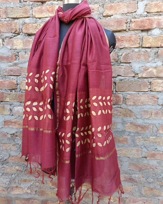 Chanderi Silk Dupatta Rose Red Color Applique Work - IndieHaat