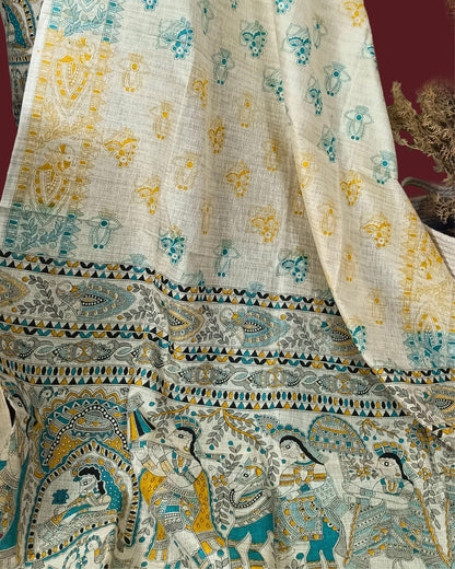 Khadi Silk Suit Beige Multicolor Madhubani Print (Top+Bottom) with Bandhini Dupatta