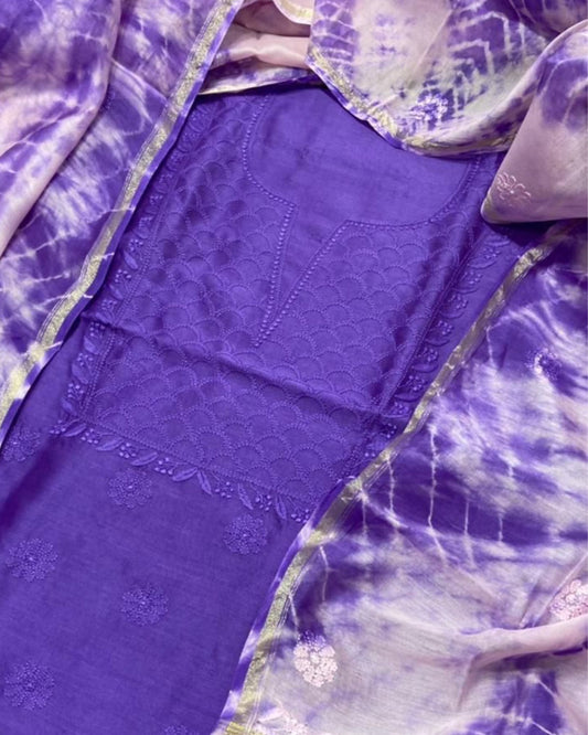 Pure Chanderi Silk Kurti Purple Color with heavy Chikankari work Dupatta - IndieHaat