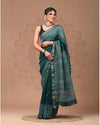 Maheshwari Silk Saree green  Handblock Printed With running blouse (Silk by Silk)