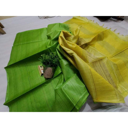 Silkmark Certified Eri Tussar Striped Green Body Saree with Yellow Pallu Colour Blouse-Indiehaat