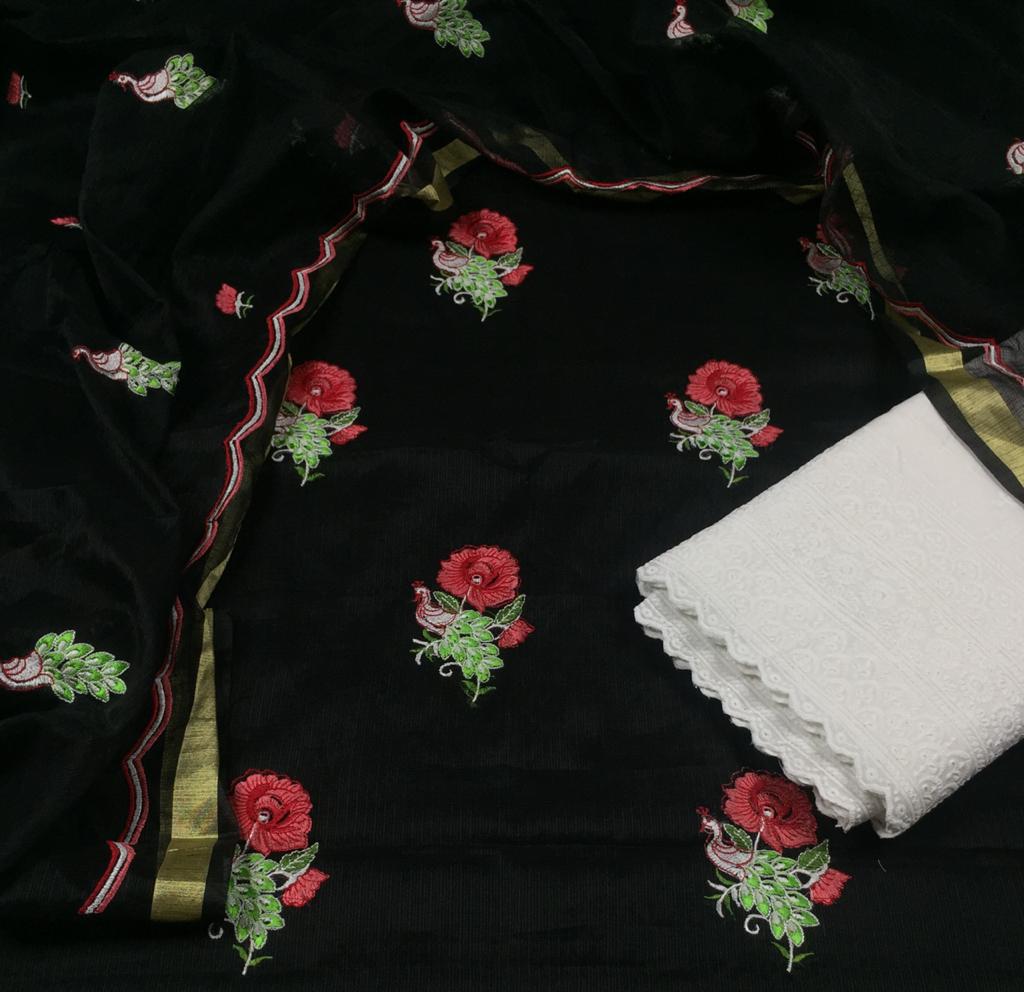 Kota Doria Embroidery Suits with Matching Dupatta and Chikenkari Bottom