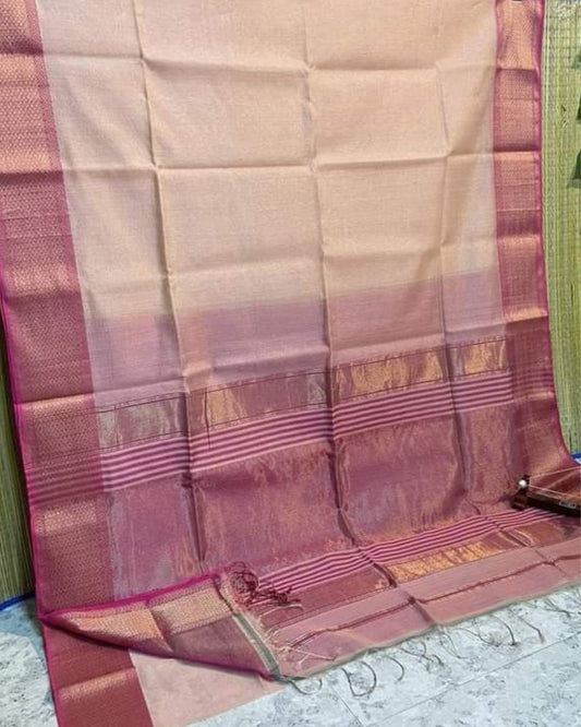 Pure Maheshwari Handwoven Tissue Silk Saree Pastel Peach Color with running blouse - IndieHaat
