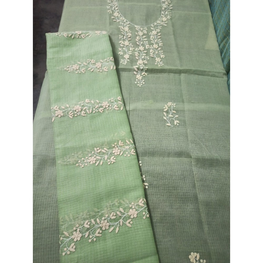 Kota Doria Green Suit Material 2 Piece Embroidered (Only Top and Dupatta) | Indiehaat