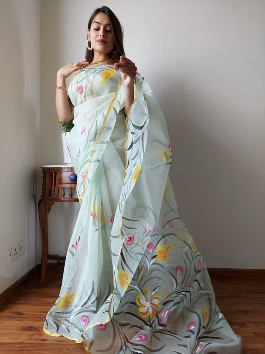 Organza Silk Saree Pale Blue Color Hand Painted with running blouse - IndieHaat
