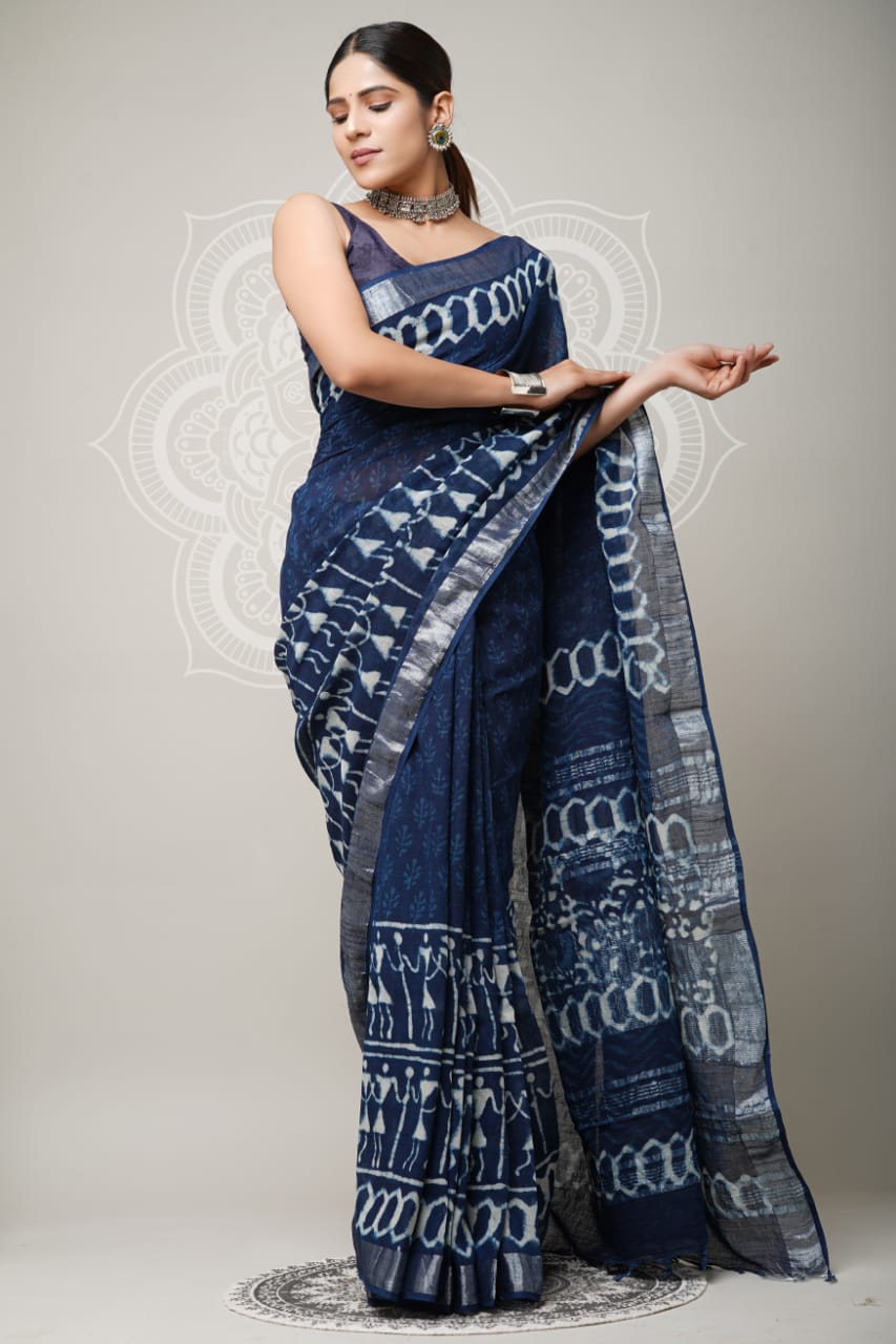 Casual Wear Block Print Printed Linen Saree, With Blouse Piece, 5.5 m  (separate blouse piece) at Rs 750 in Jaipur