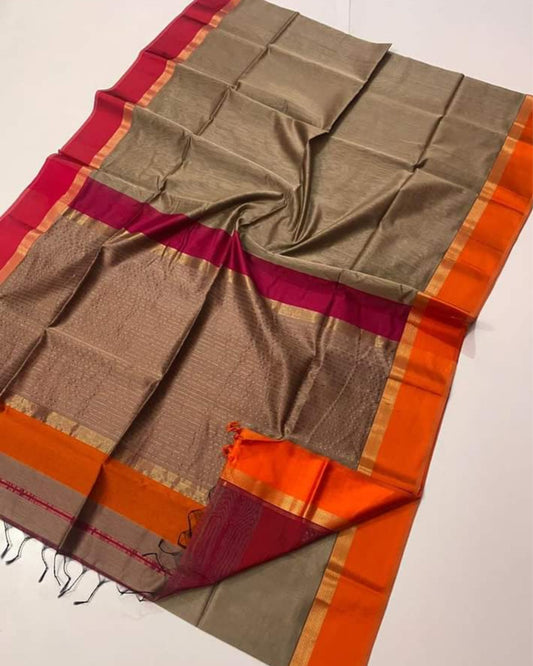 Pure Maheshwari Handloom Handwoven Silk Saree Pastel Brown Color Zari Border with running blouse - IndieHaat