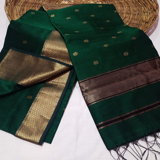 Maheshwari Cotton Silk Saree Butta Body Green Color and contrast blouse with butta design - IndieHaat