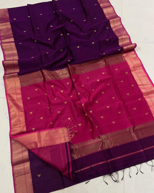Maheshwari Handloom Handwoven Saree Dark Purple Color Double Design Zari Border with flower buti pallu and contrast blouse - IndieHaat