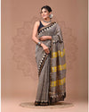 Maheshwari Silk Saree brown Handblock Printed With running blouse (Silk by Silk)