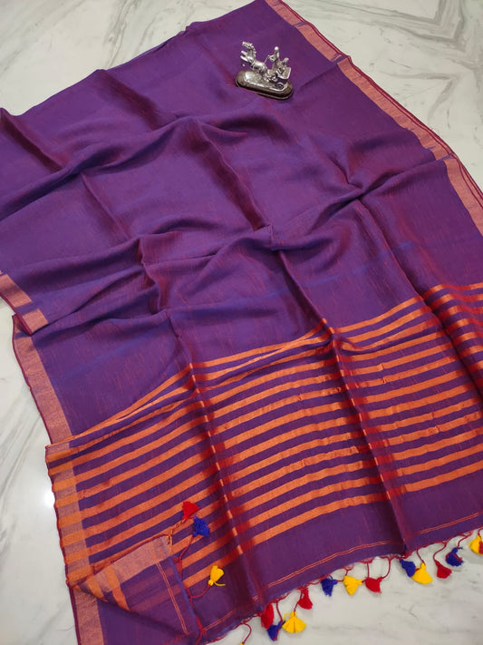 Pure Linen Purple Saree Contrast Striped Pallu With Running Blouse-Indiehaat
