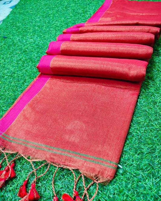 Tissue Cotton Saree Tassel Red 18% Off IndieHaat