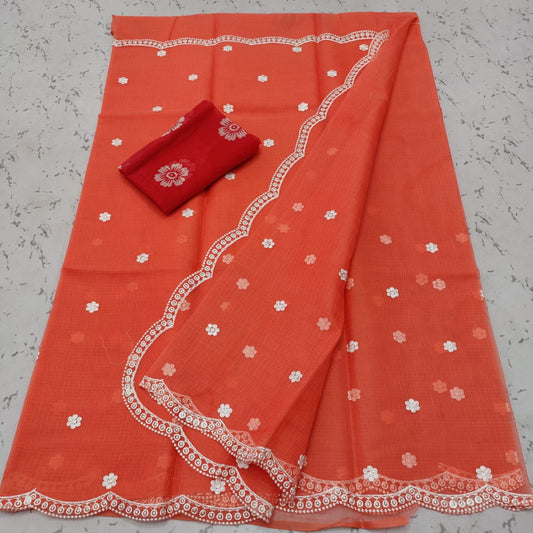 Kota Doria Sarees Embroidery work with blouse Dark Coral Red Colour | Indiehaat