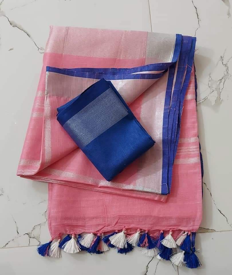 Slub Linen Hand Dyed Charm pink Saree with Contrast Blouse-Indiehaat