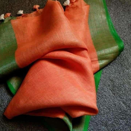 Hand Dyed Pure Linen Orange Dupatta-Indiehaat