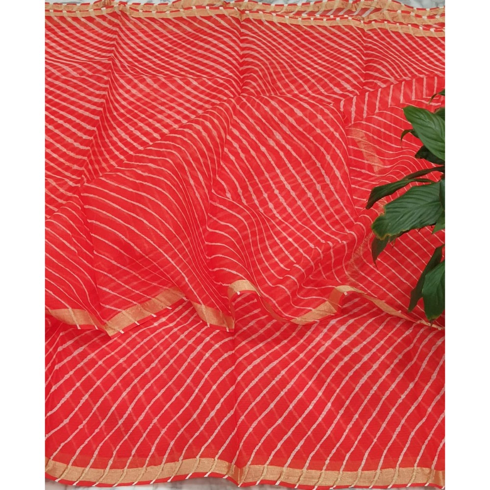 Pure Silk Kota Doria Red Saree with blouse Handcrafted-Indiehaat