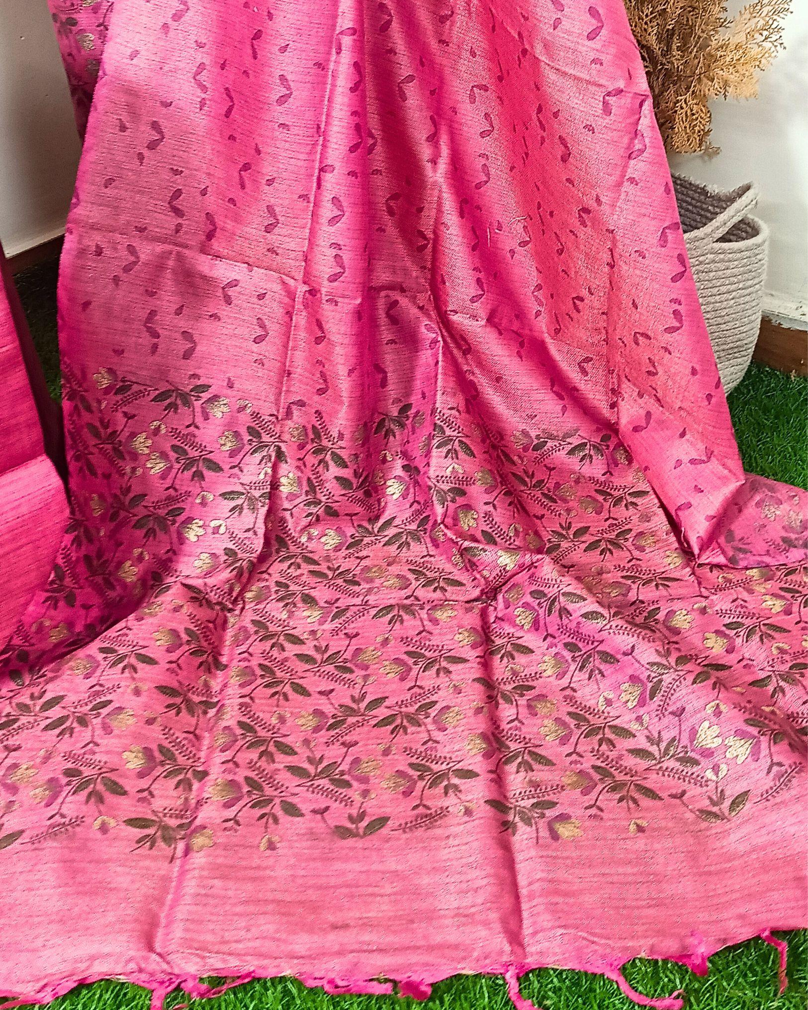 Khadi Silk Printed Suit Rose Pink (Top+Bottom) with Bandhini Dupatta