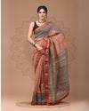 Maheshwari Silk Saree peach Handblock Printed With running blouse (Silk by Silk)