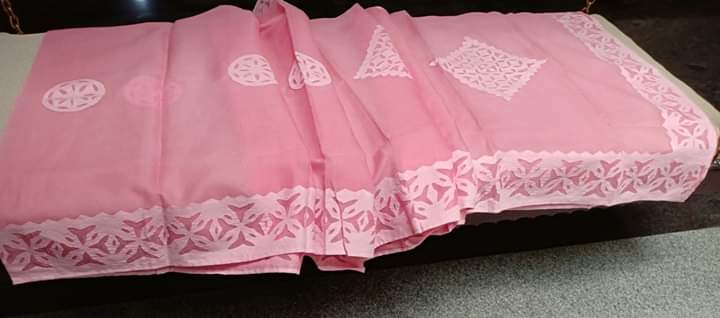Organdy Cotton Saree Applique work Pink Colour with running blouse