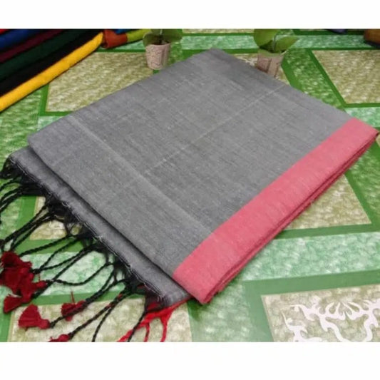 Save Big on Pure Handloom Mul Cotton Grey Saree 120 Count (Without Blouse)-Indiehaat